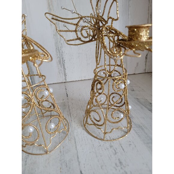 Glitter golden angel candlestick holder Xmas religious set decor - Picture 3 of 7